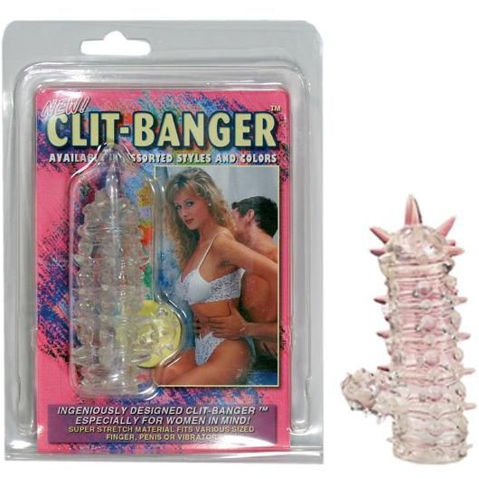 Прозрачная насадка с шипами и клиторальной шишечкой «Clit-Banger»,, длина 10.5 см.