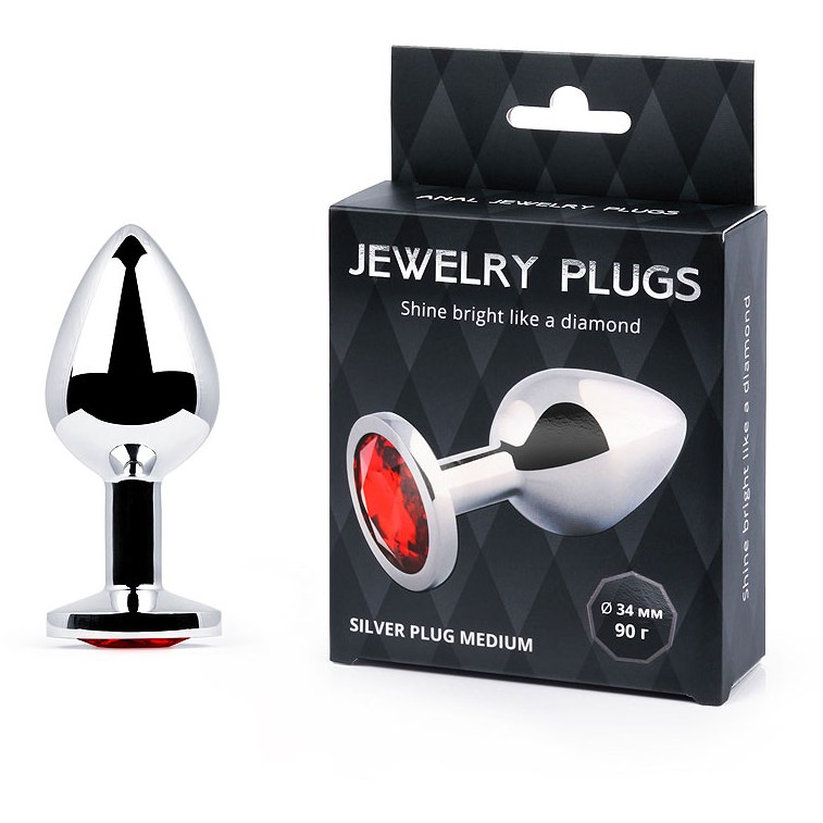 «Silver Plug Medium» анальная втулка с украшением, длина 82 мм, диаметр 34 мм, вес 90г, цвет кристалла красный, SM-16, длина 8.2 см.