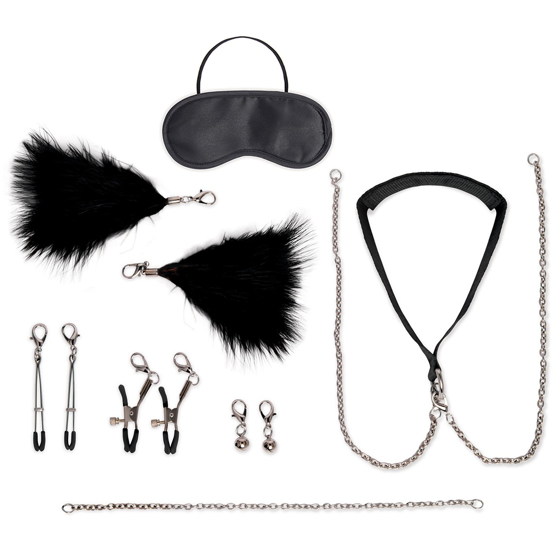 Большой БДСМ набор из 12 предметов «Interchangeable Collar & Nipple Clips Set», цвет черный, Lux Fetish LF1812