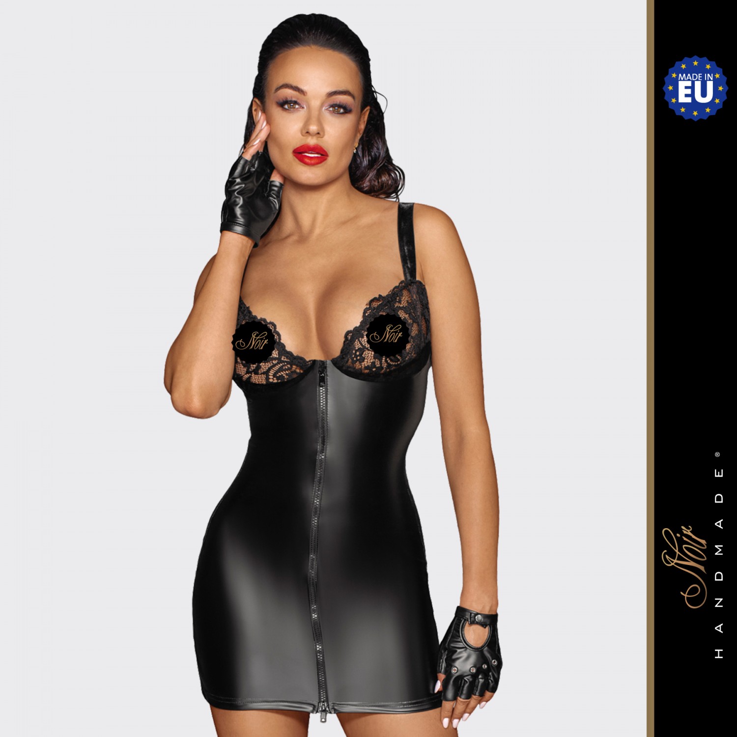 «Powerwetlook mini-dress» Мини-платье с кружевным лифом и двусторонней молнией, XL черный,/ F25400004