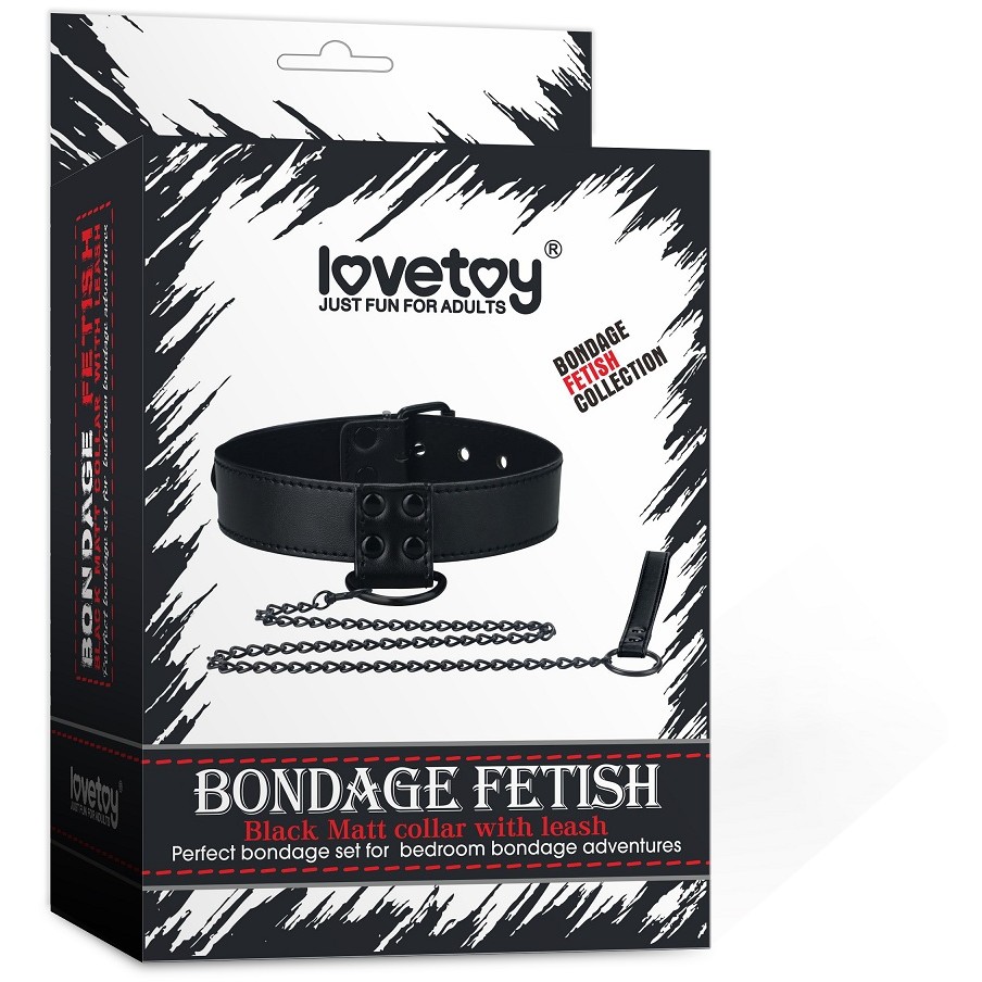 Ошейник с цепочкой-поводком «Bondage Fetish Black Matt Collar With Leash», цвет черный, LoveToy LV761003, длина 47 см.