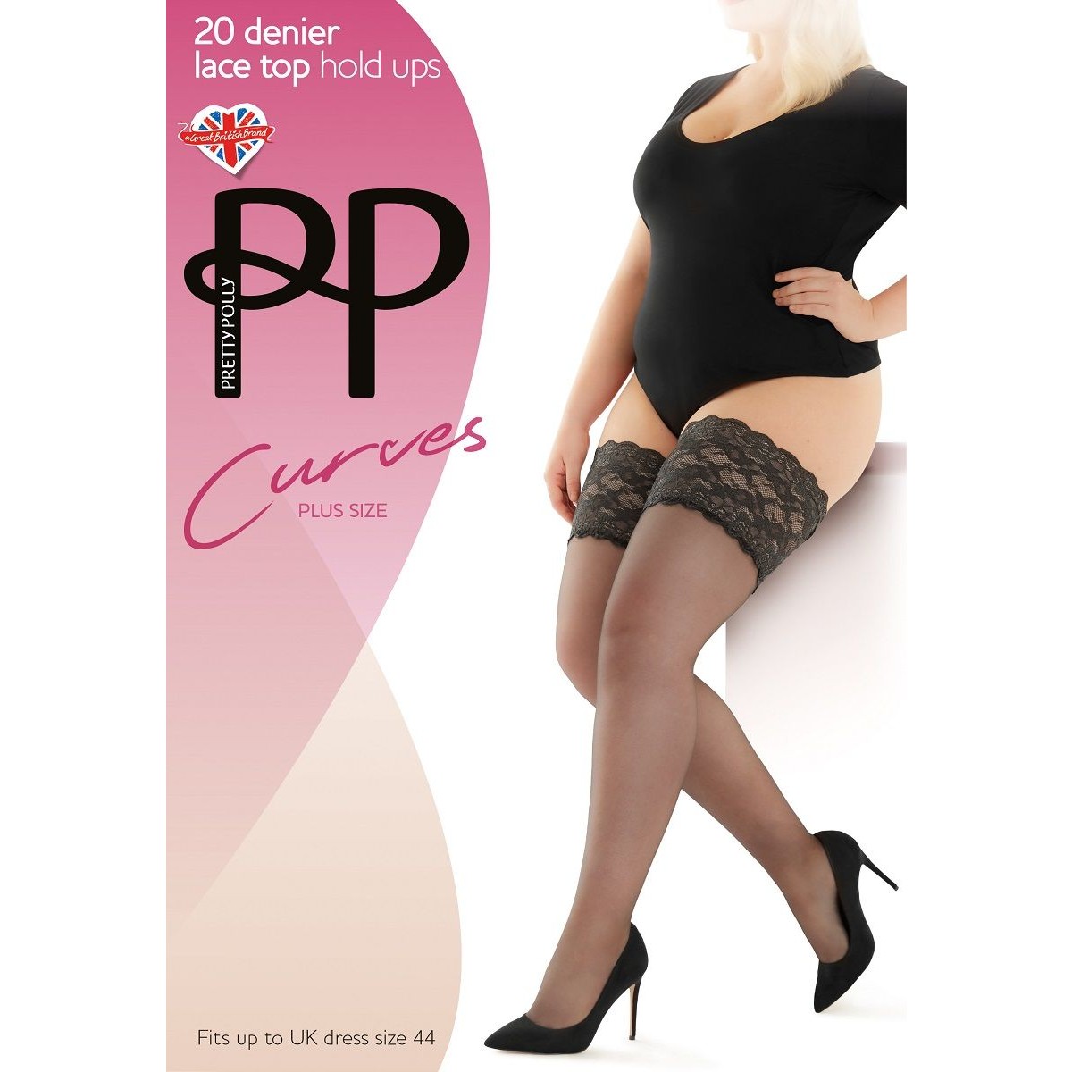 Чулки на широкой ажурной резинке «Curves Plus Size», 20 ден, цвет черный, размер 4X, Pretty Polly AXE6