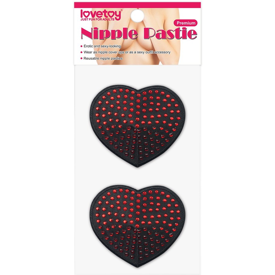 Пестисы на соски в форме сердечек с красными стразами «Nipple Pasties», черные, Lovetoy LV763009