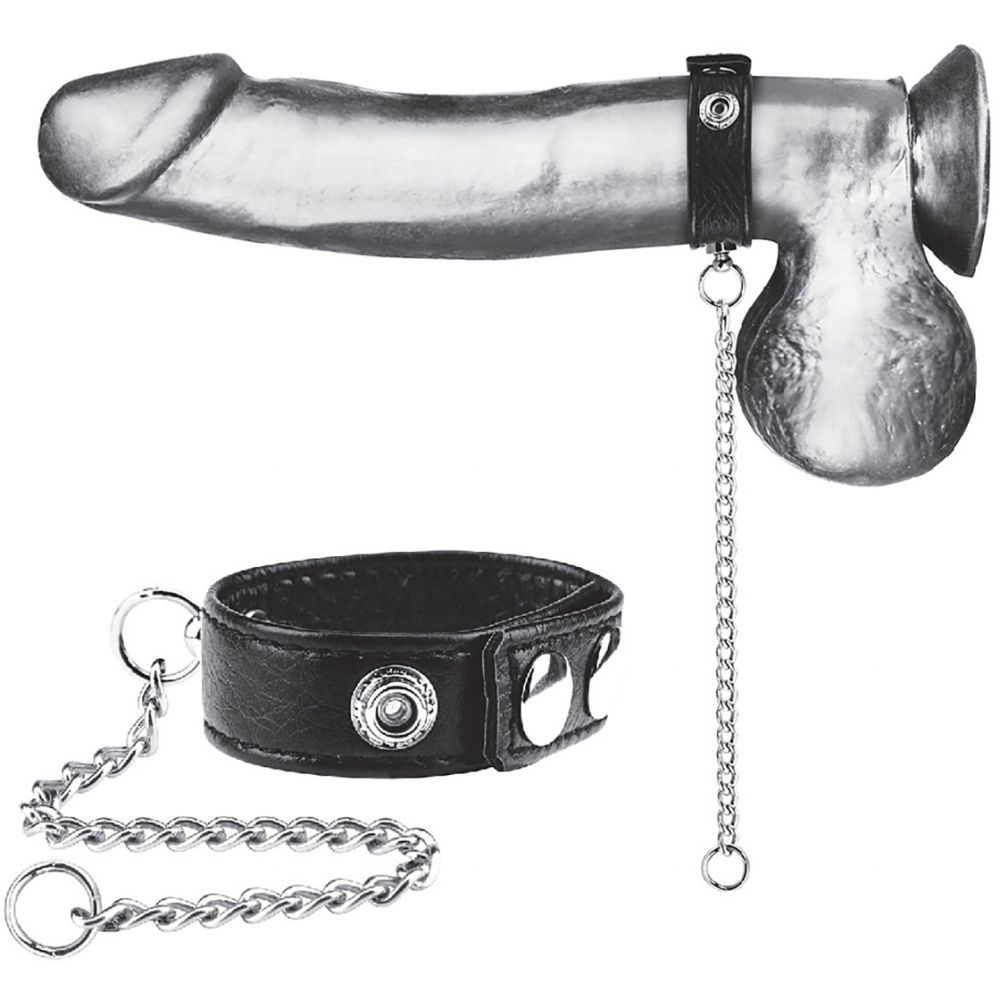 Кольцо на пенис с поводком из металла «Snap Cock Ring With 12 Leash», цвет черный, BlueLine BLM3041, длина 32 см.