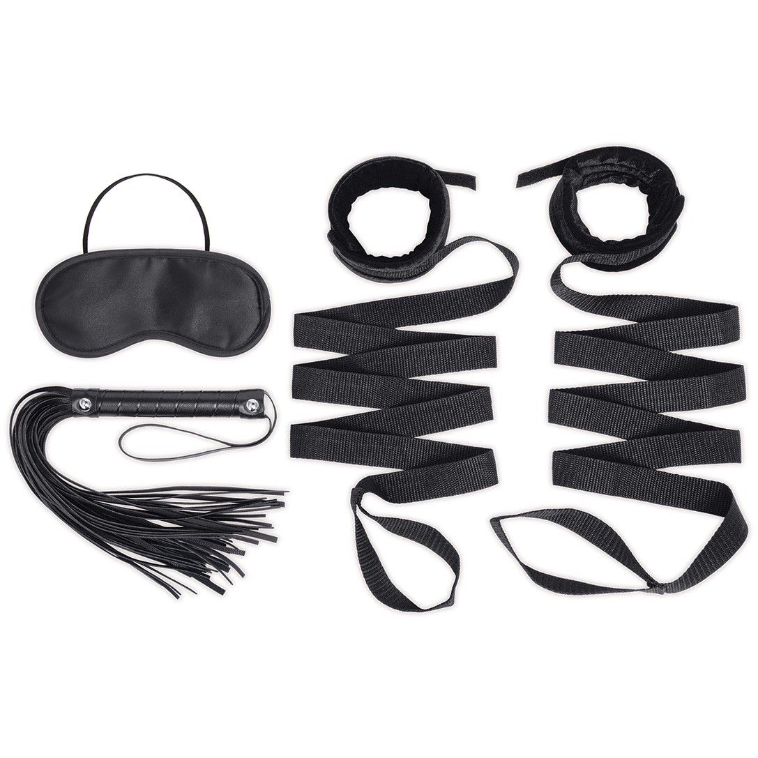 БДСМ набор из 4 предметов «4pc Bondage Bed Strap & Flogger Kit», цвет черный, Lux Fetish LF1813