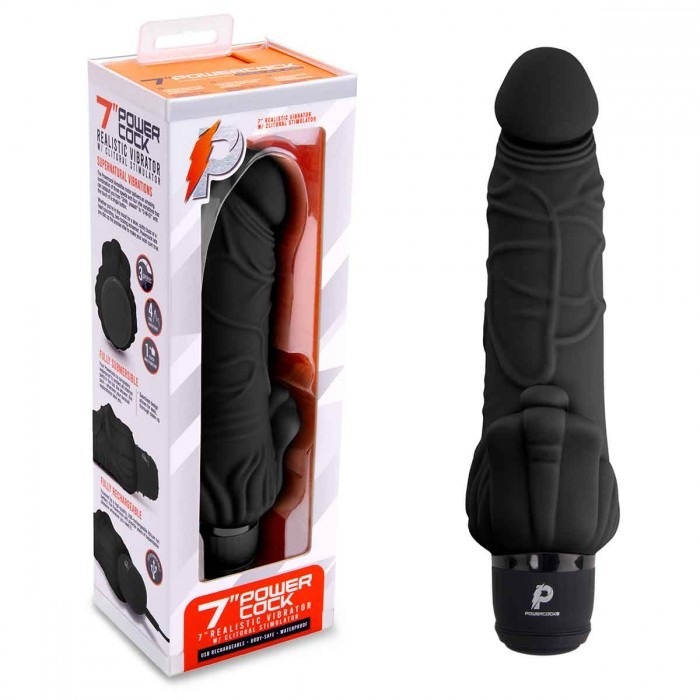 Реалистичный черный вибратор с клиторальным стимулятором «Realistic Vibrator 7», PowerCocks PC-005-BLK, длина 21.5 см.