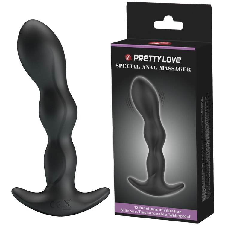 Силиконовый анальный вибратор-цепочка Pretty Love «Special Anal Massager» с основанием для ношения, цвет черный, длина 14.5 см, Baile BI-040068, длина 14.5 см.