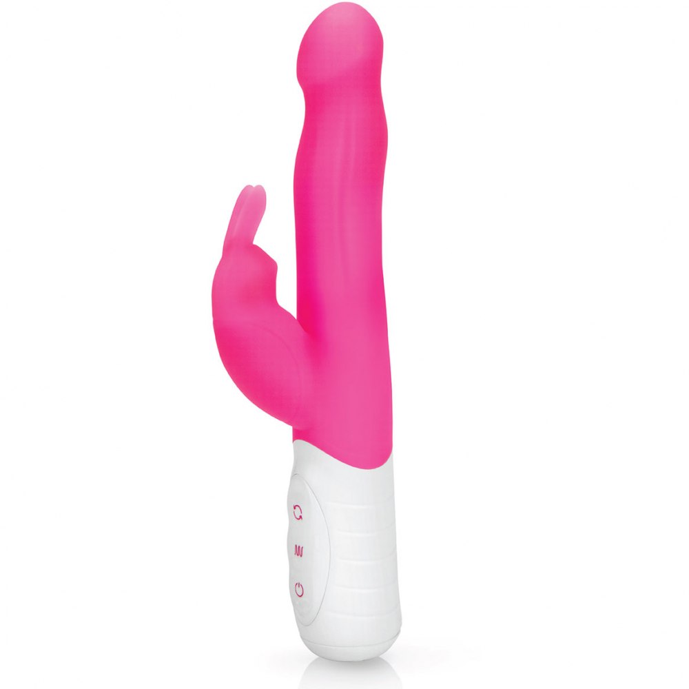 Вибратор-кролик для женщин «Slim Shaft Rabbit Vibrator» с тонким изгибом и вращающимися шариками от компании Rabbit Essentials, цвет розовый, RR-006-PNK, длина 22 см.