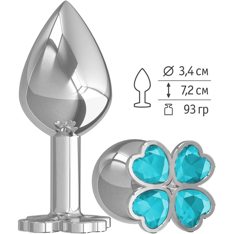 Металлическая средняя анальная втулка с клевером из голубых кристаллов, цвет серебристый, Джага-Джага 529-05 agua-DD, длина 7.2 см.