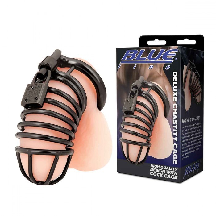 Металлическая клетка с замком для члена «Deluxe Chastity Cage», цвет черный, BlueLine BLM5014-BLK