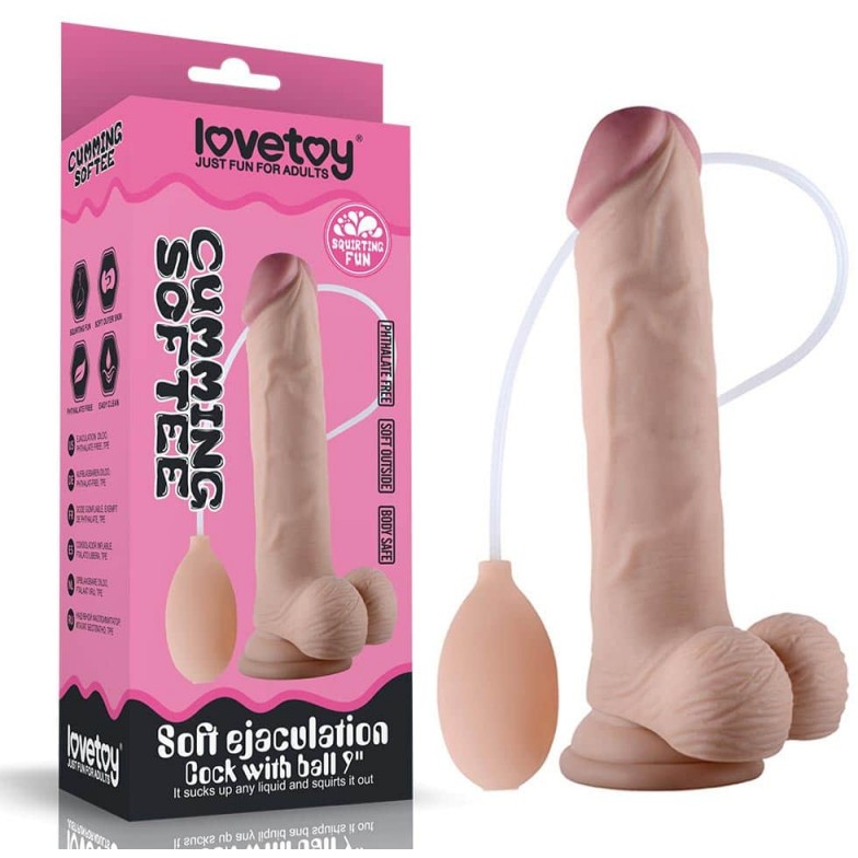 Телесный фаллоимитатор «Soft Ejaculation Cock With Ball 9» с имитацией эякуляции, 22.9 см, LoveToy LV316003, длина 22.9 см.