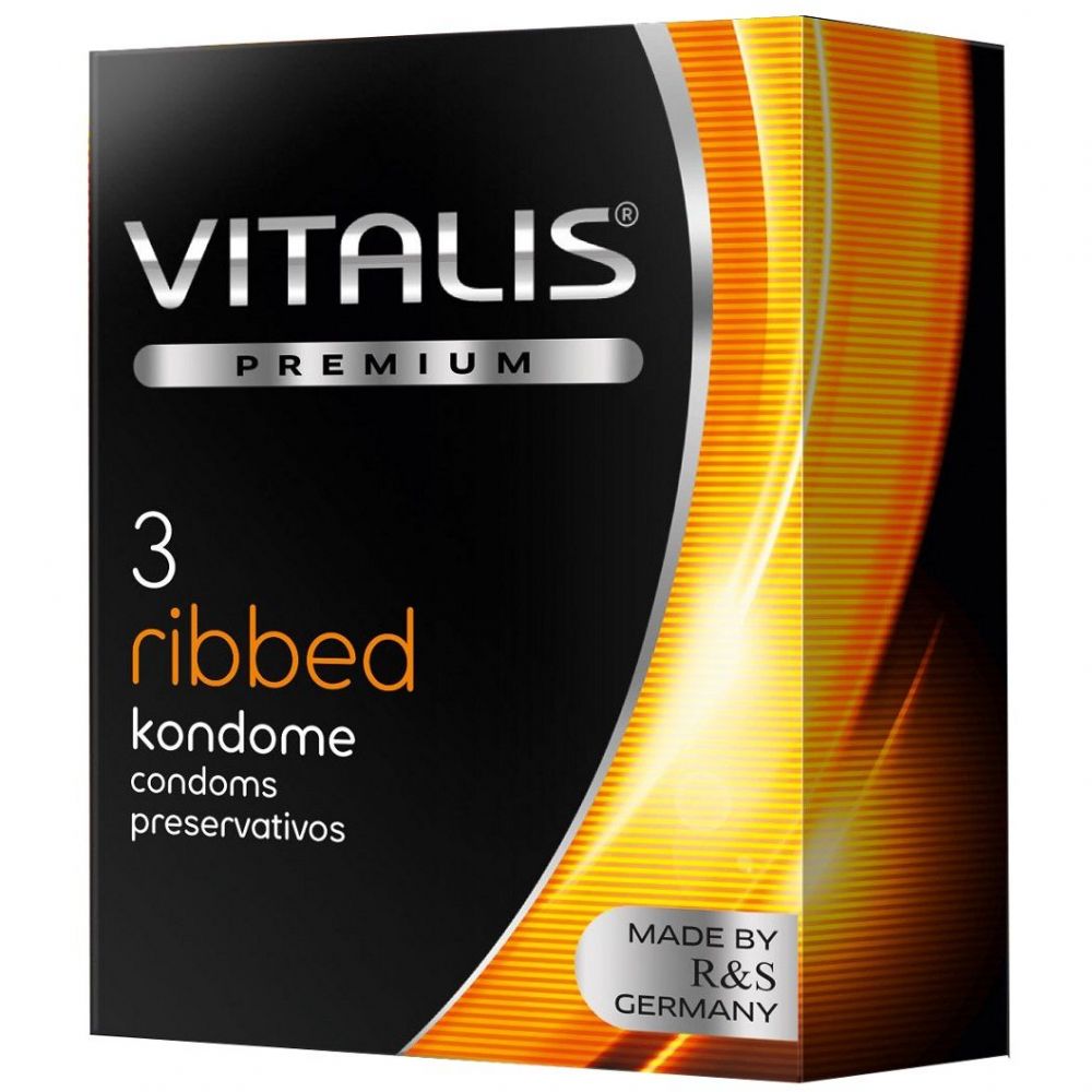 Ребристые презервативы Vitalis Premium «Ribbed» из натурального латекса, упаковка 3 шт., длина 18 см.