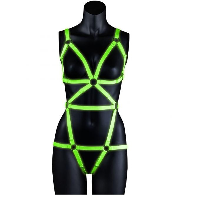 Бдсм сбруя люминисцентная «Glow In The Dark» из экокожи, размер L/XL, цвет зеленый, Shots Media OU734GLOLXL