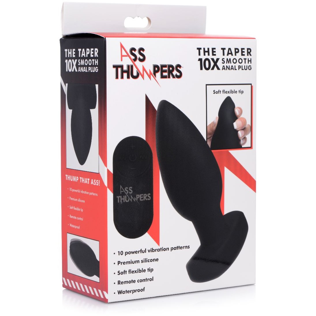 Гладкая анальная пробка с вибрацией и пультом ДУ XR Brands «The Taper 10x Silicone Vibrating Butt Plug», черная, AG389, длина 13 см.