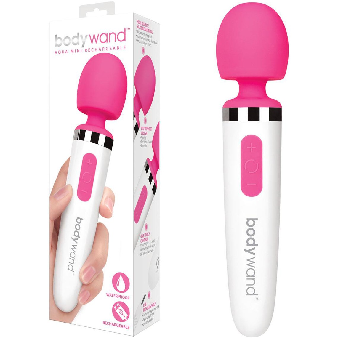 Заряжаемый ванд «Aqua Mini Rechargeable», цвет розовый, BodyWand BW122, длина 15 см.