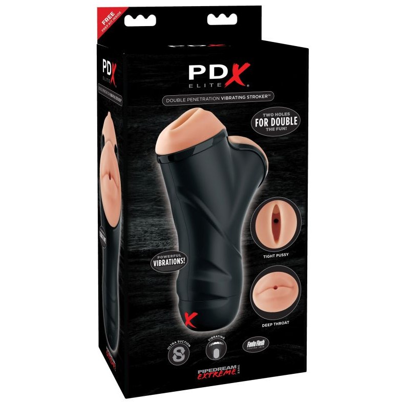 Мастурбатор с двумя тоннелями PDX «Elite Double Penetration Vibrating Stroker», цвет телесный, PipeDream RD508, длина 23.4 см.