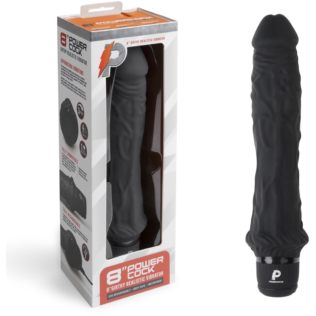 Черный массажер-реалистик «8 Girthy Realistic Vibrator», PowerCocks PC-001-BLK, длина 24.5 см.