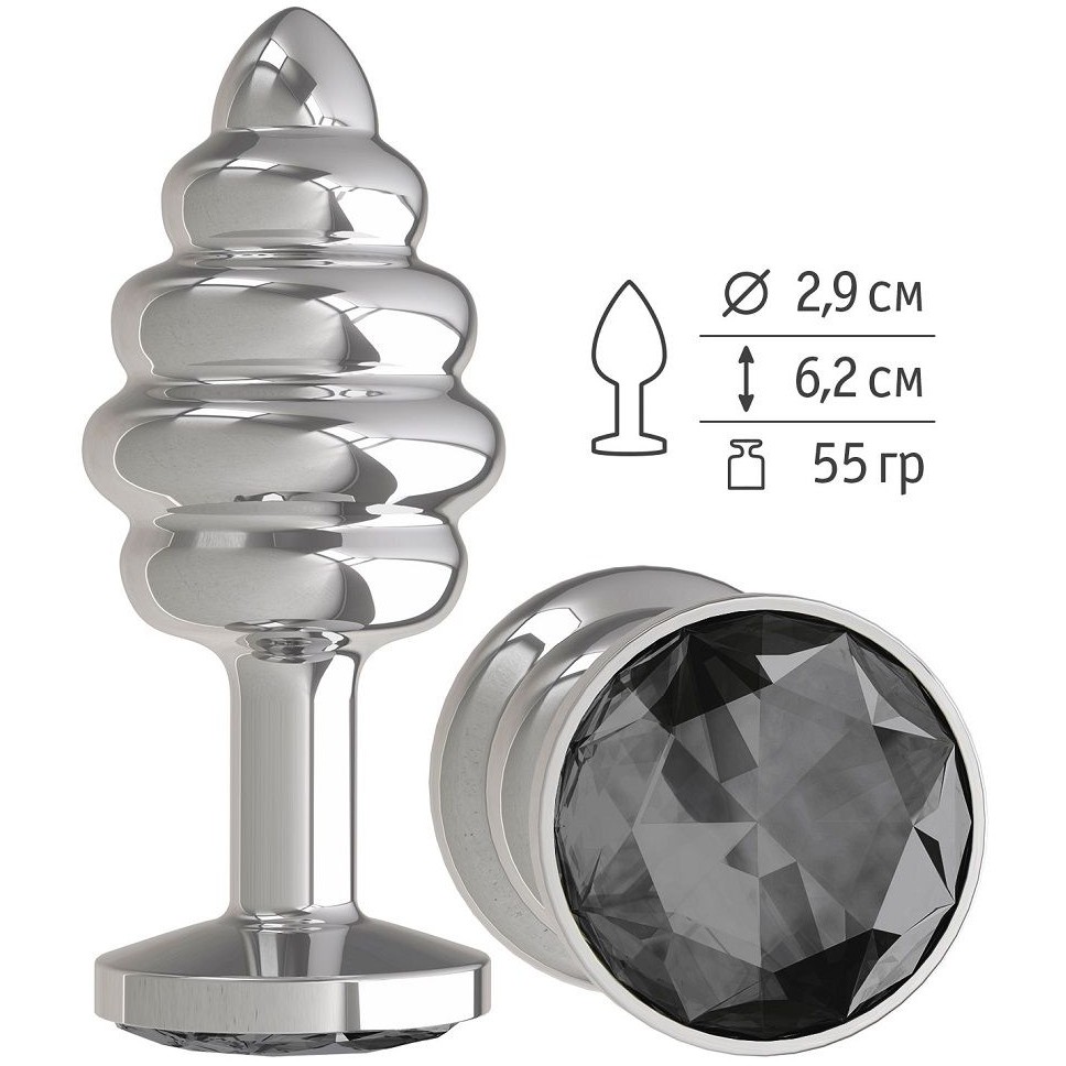 Металлическая пробка с ребрышками и черным кристаллом от компании Джага-Джага, цвет серебристый, 515-09 black-DD, длина 7 см.