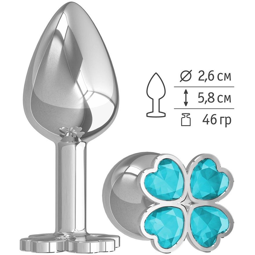 Металлическая анальная втулка с клевером из голубых кристаллов, цвет серебристый, Джага-Джага 509-05 aqua-DD, длина 5.8 см.