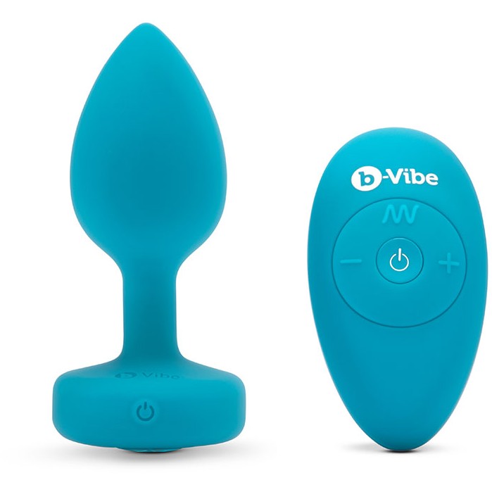 Анальная вибровтулка с кристаллом «Vibrating Jewel Plug» размер S/M, бирюзового цвета, B-vibe BV-030-TL, длина 10 см.