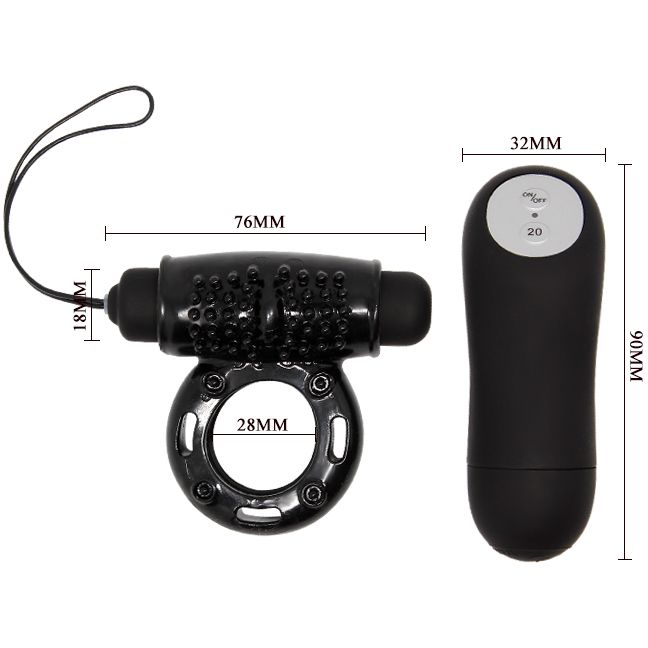 Кольцо эрекционное «Power Ring», 20 режимов вибрации, цвет черный, Baile INSBI-014331, длина 6.5 см.