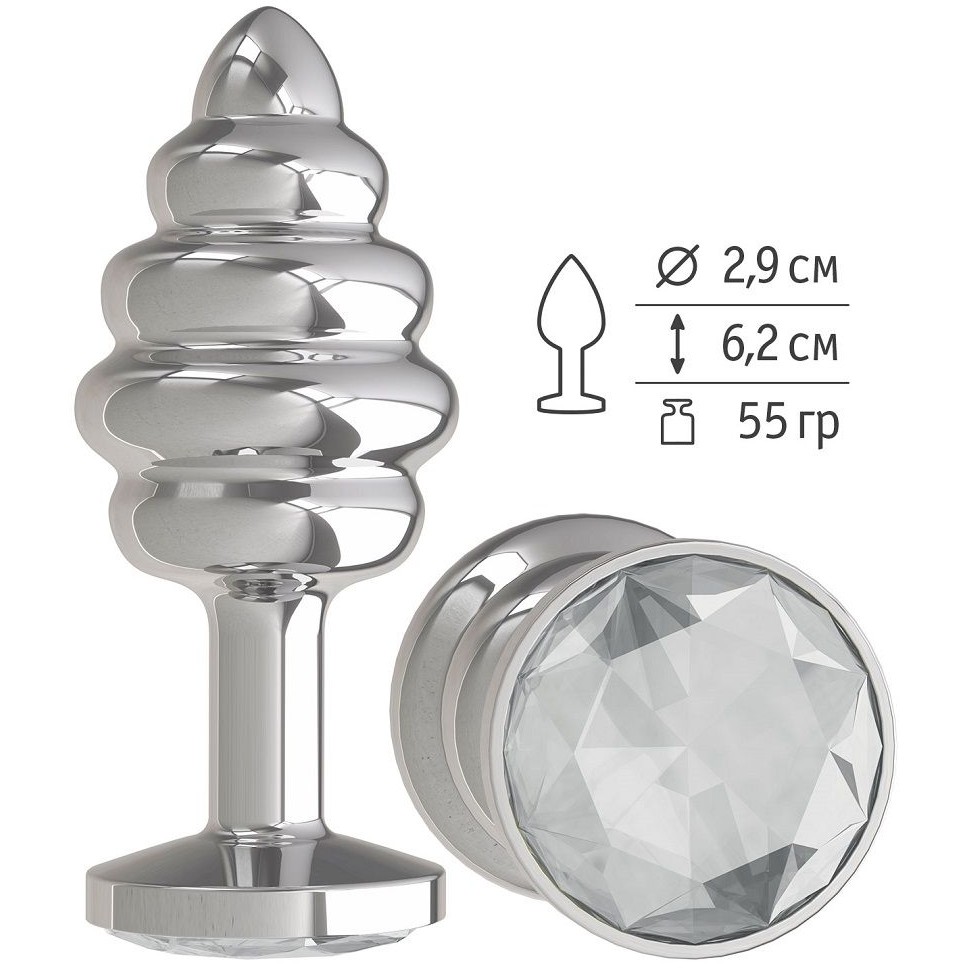 Металлическая пробка с ребрышками и прозрачным кристаллом от компании Джага-Джага, цвет серебристый, 515-01 white-DD, длина 7 см.