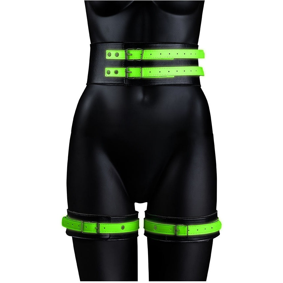 Набор из искусственной кожи для бондажа «Thigh Cuffs & Belt Neon Green», цвет черный, размер L/XL, Shots Media OU733GLOLXL