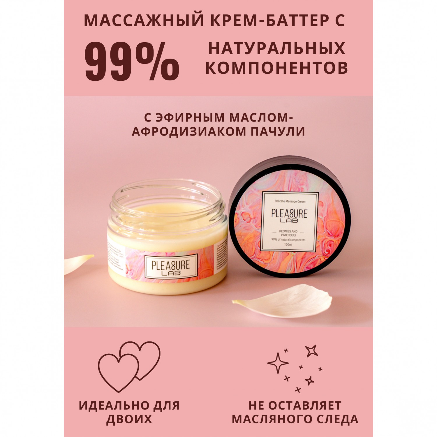 Массажный крем «Delicate massage cream» пионы и пачули, 100 мл, Pleasure Lab 1074-02Lab, 100 мл.